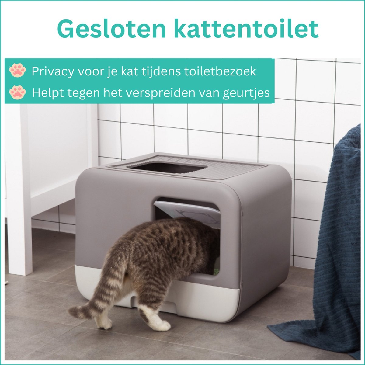  Kattenbak - 2 Uitgangen - Kattentoilet - Uitschuifbare Bodem - Met Schepje - Grijs 53 X 40 X 40 Cm