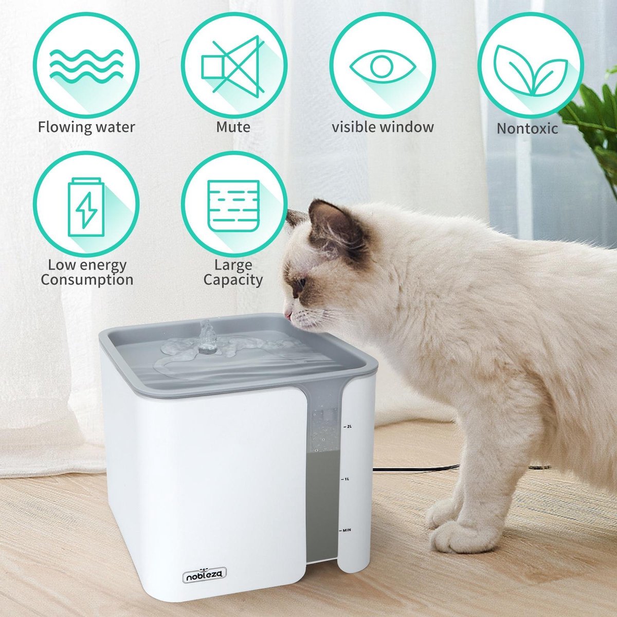  Nobleza USB Drinkfontein Voor Hond/Kat - 2L - Incl. 2 Filters - Wit
