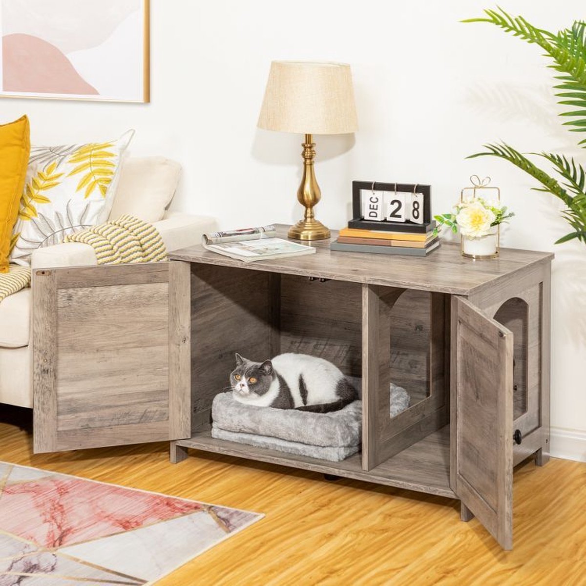 Kattenhuis Met Dubbele Deurtjes - Kattenkast Met Ruimte Voor Kattenbak - Kist Met Grote Opbergruimte - Bruikbaar Als Bank &amp;bijzettafel - Voor In Slaapkamer &amp; Gang - Greige