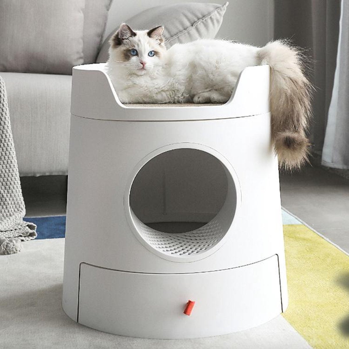  A Sunny Day Kattenbak Met Lade, Bedje En Krabplank - Inclusief Schepje - Design Kattenbak - Wit - Dichte Kattenbak - Kattenbak Gesloten