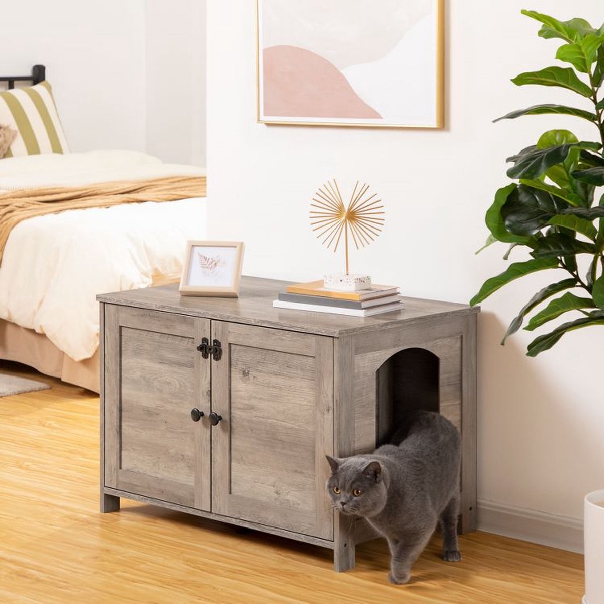  Kattenhuis Met Dubbele Deurtjes - Kattenkast Met Ruimte Voor Kattenbak - Kist Met Grote Opbergruimte - Bruikbaar Als Bank &amp;bijzettafel - Voor In Slaapkamer &amp; Gang - Greige