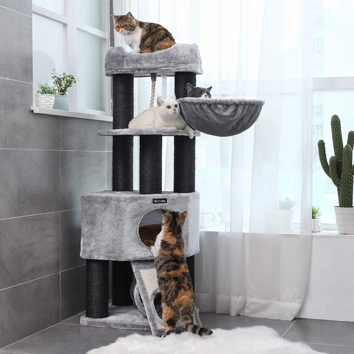 Giving® XXL Luxe Stevige Katten Krabpaal Voor Katten - Stevig Krabmeubel Met Hangmat Mand Katten Huis Tunnel &amp; Speel Touw - Grote Krab Paal Klimpaal - 92 CM Hoog - Grijs/Zwart