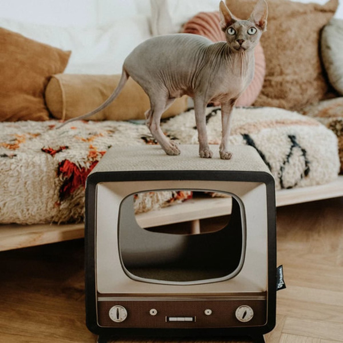  District 70 TELLY - Retro TV Krabmeubel - Instagrammable Kartonnen TV Voor Katten - 39 X 27 X 37 Cm