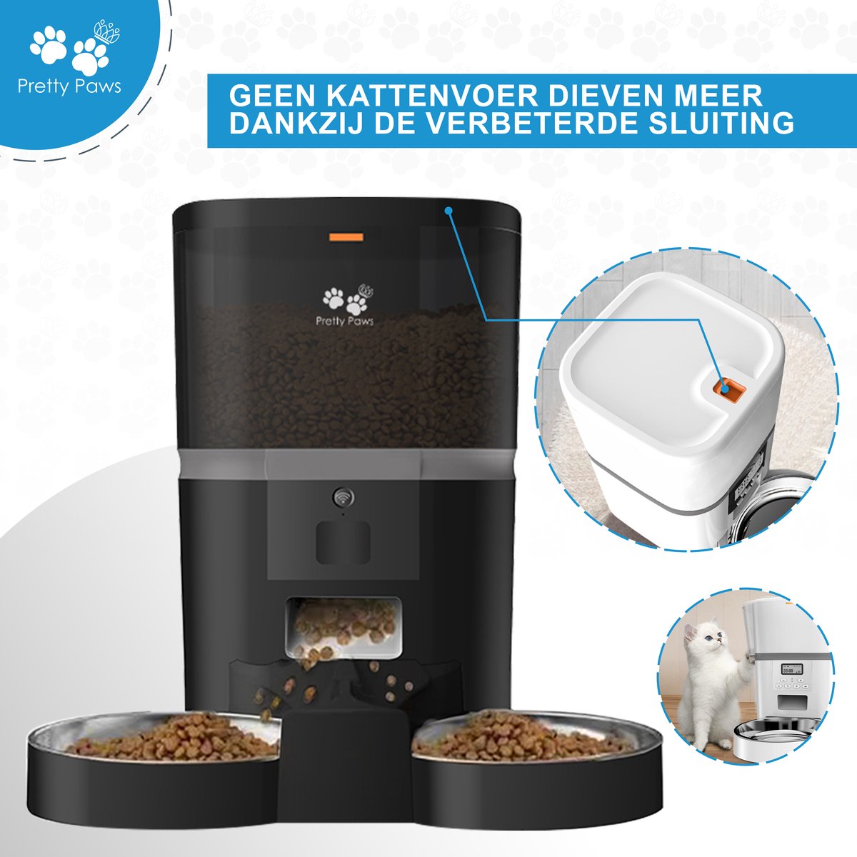  Pretty Paws QQ003 - Wifi Voermachine - Dubbele Voerbakjes - Zwart - Kat - 6L