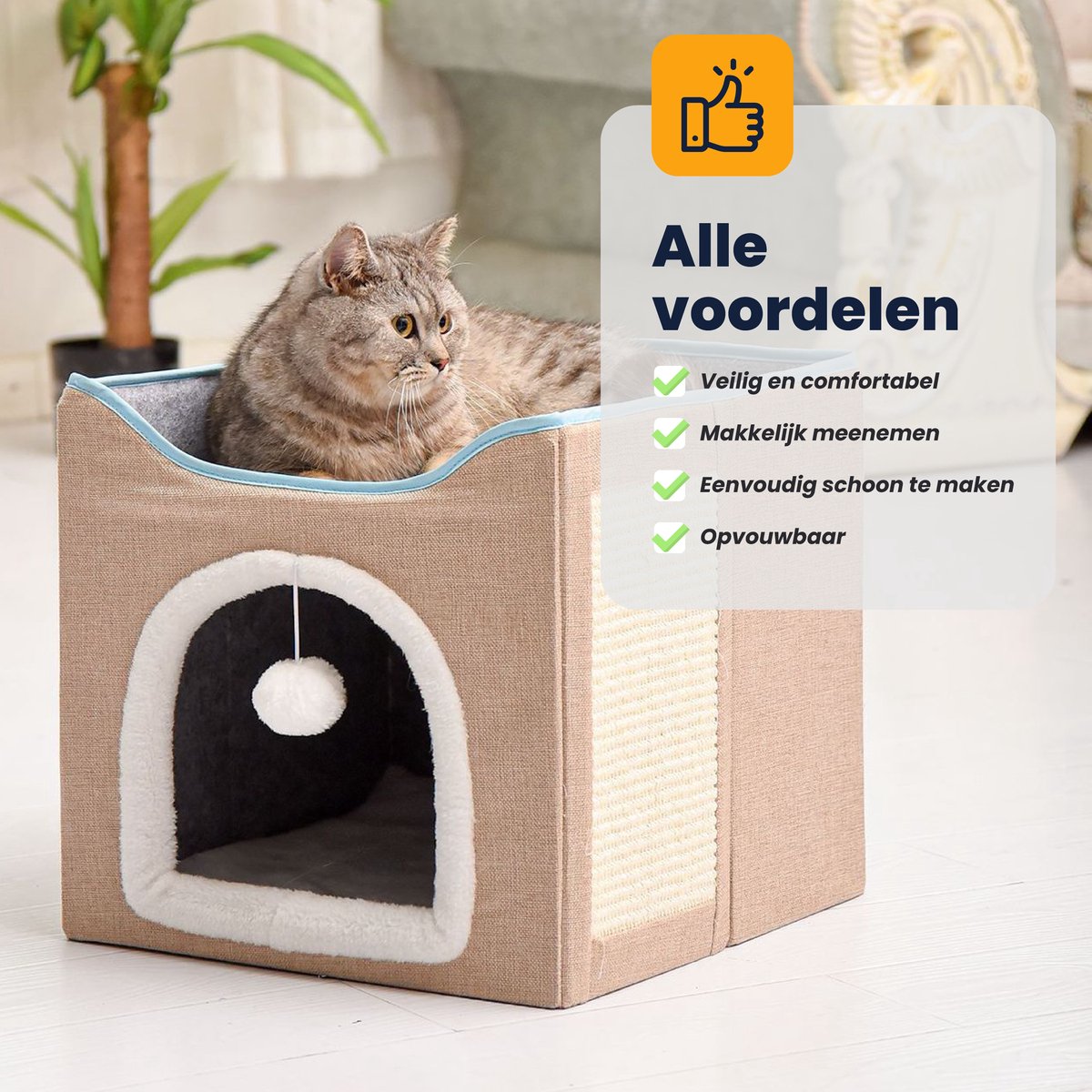  MIRO Katten Huis - Kattenhuizen - Kattenhok - Kattenmand - Dierenhuis - Opvouwbaar - Met Krabmat - Abrikoos