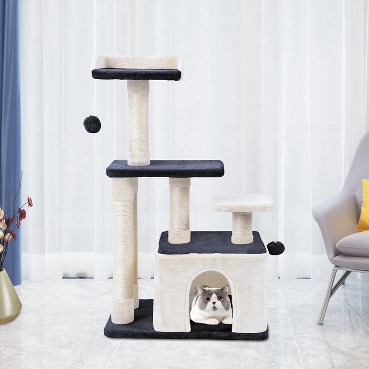 Merkloos MC Star Krabpaal 100cm Met Schraper Meerdere Platforms, Tweedeurs Kattengrotten, Speelgoedballen Met Bellen, Krabbed Natuurlijk Sisal Katten Spelletjes - Grijs&amp;Beige, 100cm