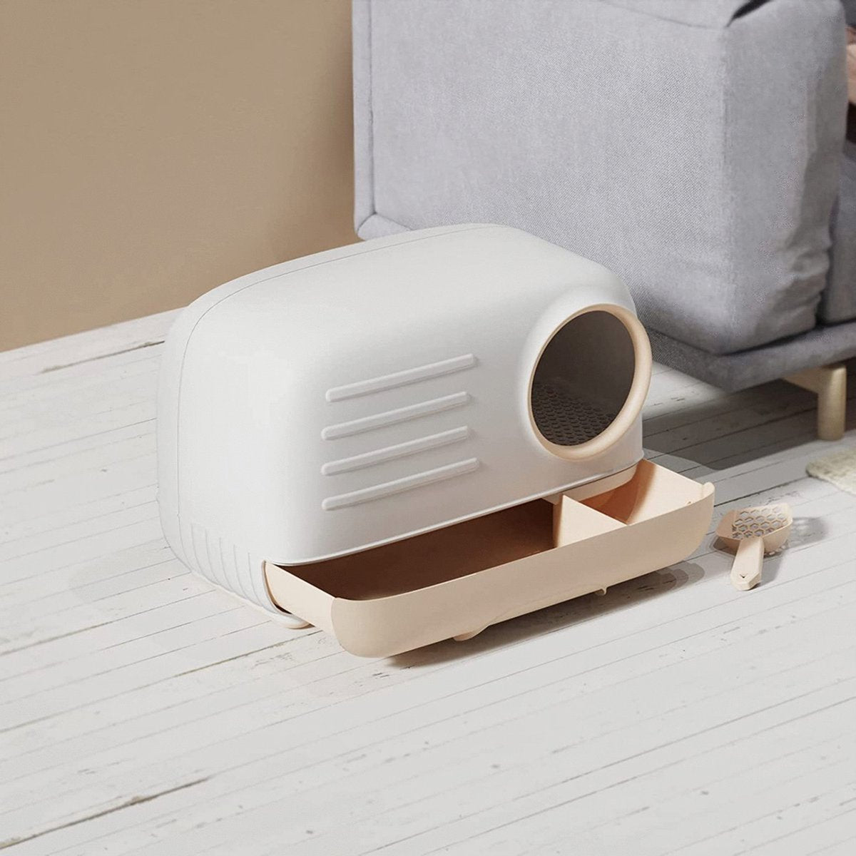 Merkloos PETLUX® XL Kattenbak Retro Design Met Lade, Schep En Opbergruimte - Grote Kattenbak - Kaki