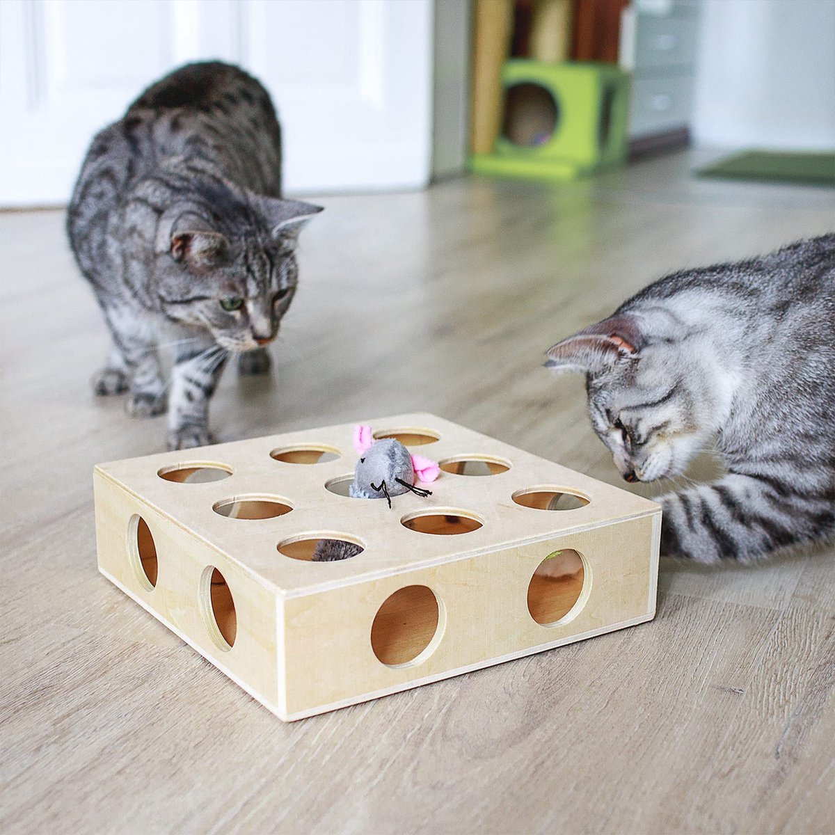  Pfotenolymp® Interactief Kattenspeelgoed / Speeldoos Met Speelballen &amp; Speelmuis - Houten Speelgoed Voor Katten - Mollenspel / Vangspel / Jachtspel