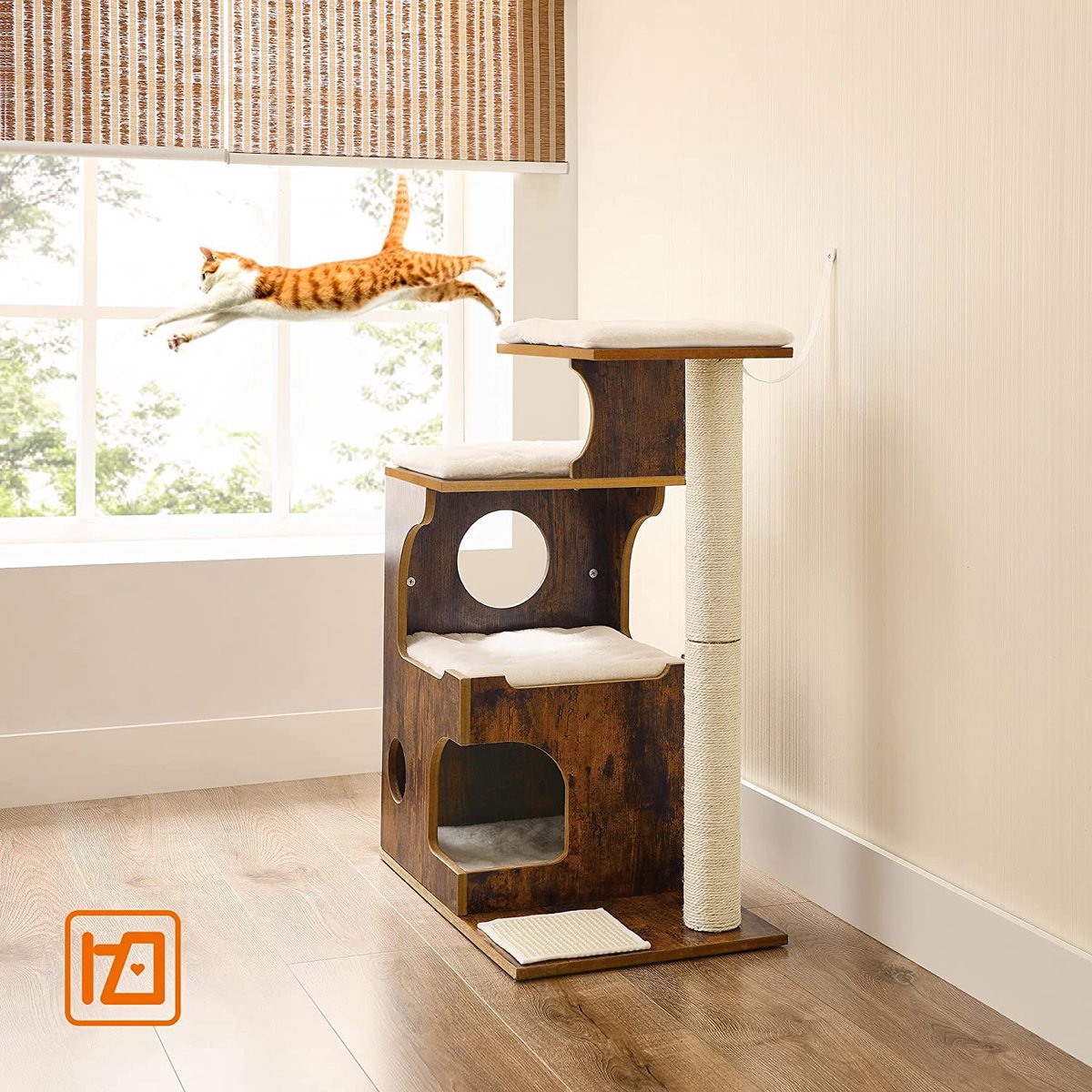 Songmics Zaza Home Luxe Houten Krabpaal 86 Cm, Middelgrote Katten Klimboom Met 3 Ligvlakken En Holten Vintage Bruin-wit