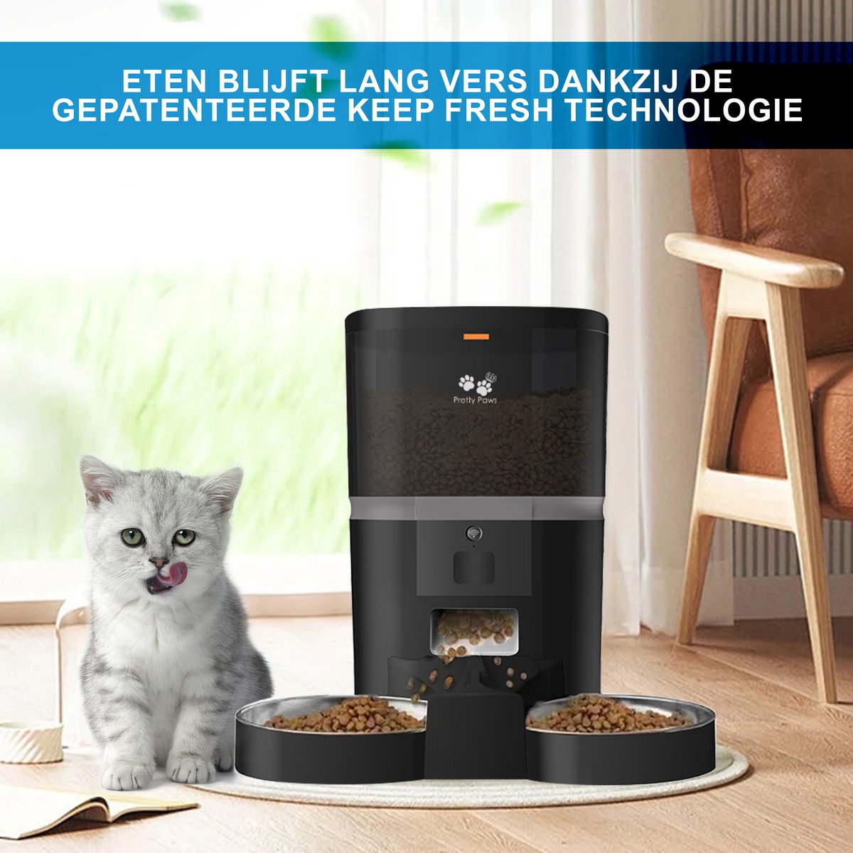  Pretty Paws QQ003 - Wifi Voermachine - Dubbele Voerbakjes - Zwart - Kat - 6L