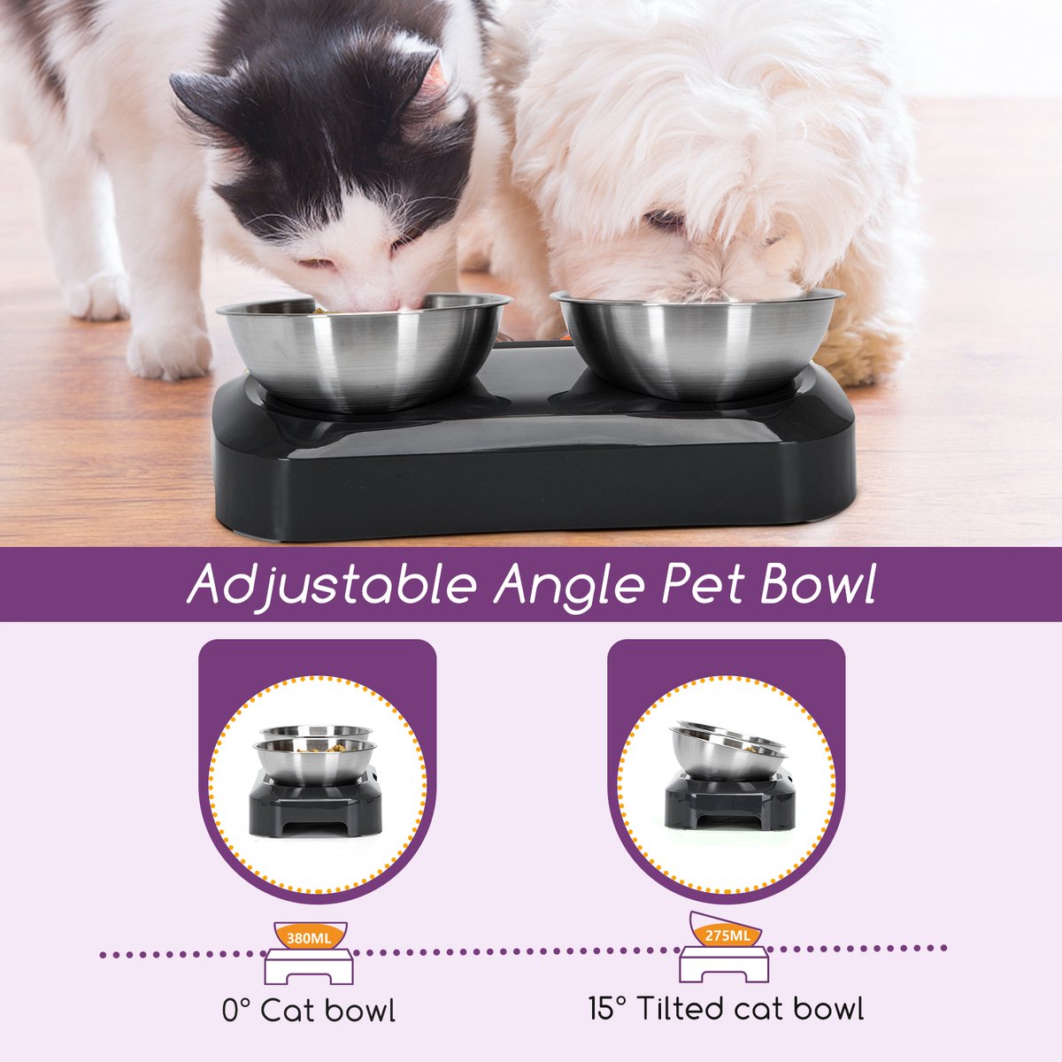  Nobleza Katten Voerbakjes - Ergonomische Dubbele Voerbak - Anti Braak Voerbak Voor Katten - Zwart - Dubbel - RVS