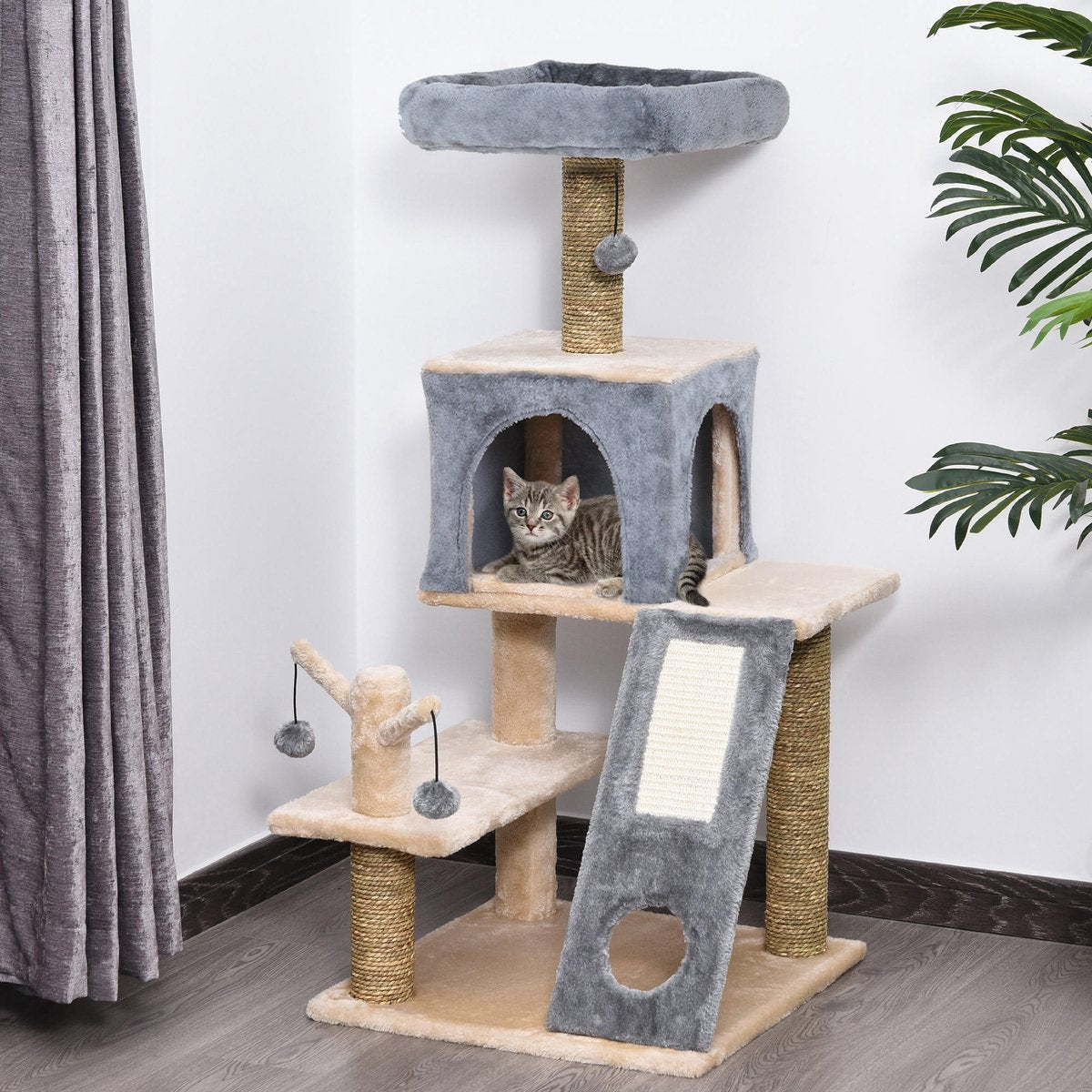  PawHut Kattenboom Klimboom Met Kattengrot Krabboom Kattenhuis Krabpaal D30-220