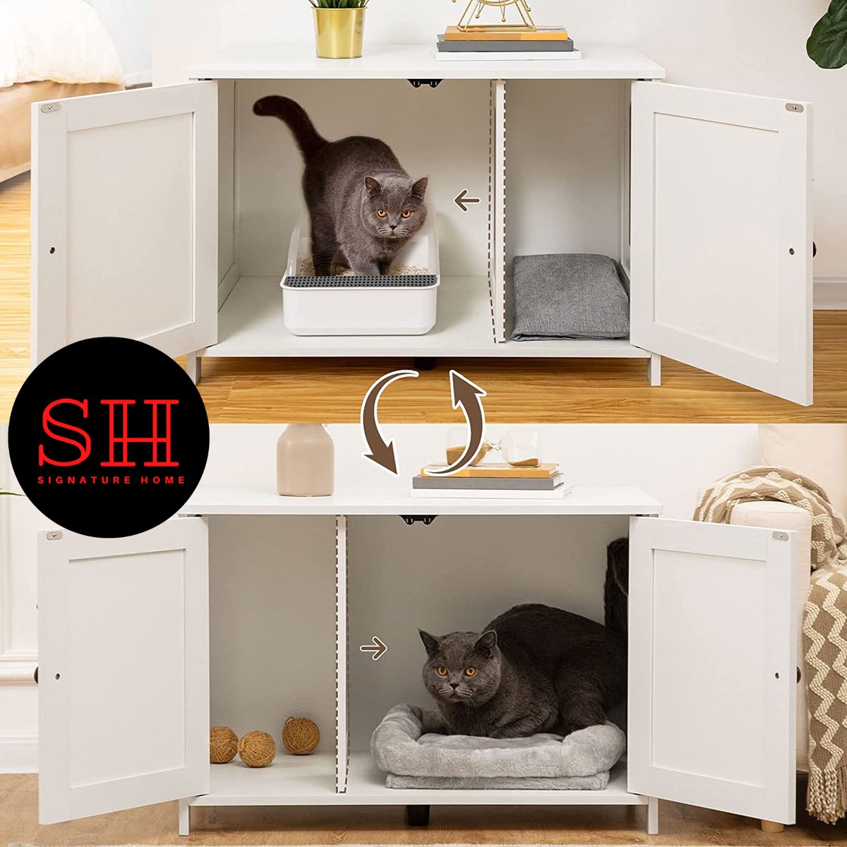 Merkloos Signature Home Wittykitty Kattenbak - Kattenkast - Kattenbakkast - Kattenhuis Met Deur En Aparte Scheidingswand - Kattenbak Opbergdoos - Wit - 80 X 54 X 50.5 Cm