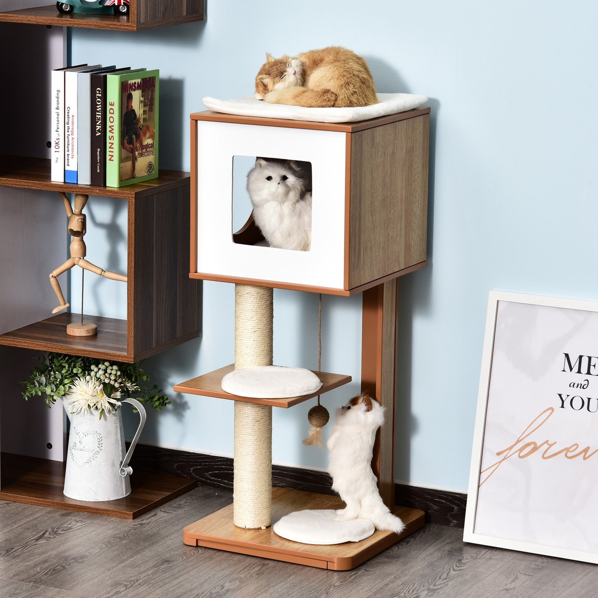  PawHut Krabpaal Met Grot &amp; Sisal Paal Kattenboom Kattenmeubel 4 Kussens MDF D30-206V01