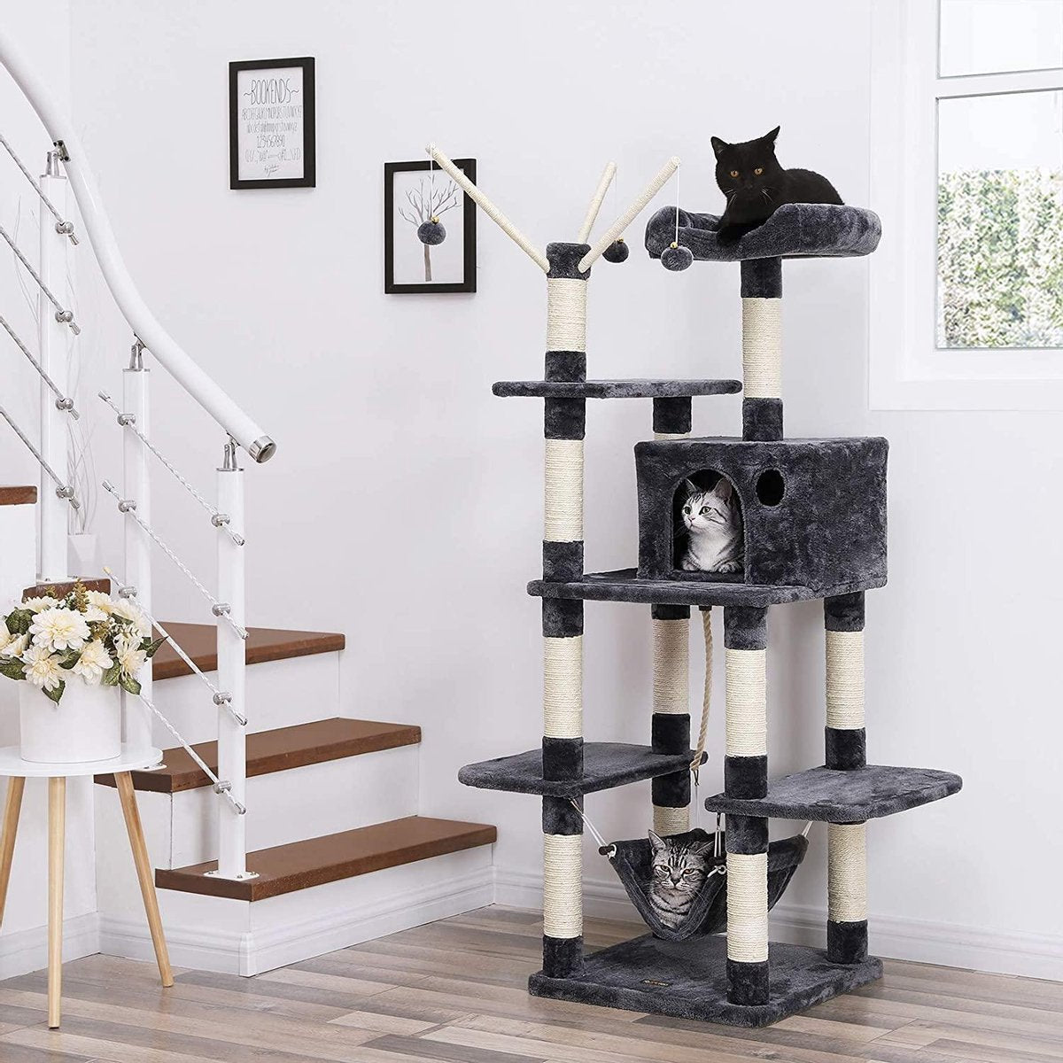  XXL Luxe Katten Krappaal Met Hangmat &amp; Katten Huisjes - Activity Center - Grote Krappaal Klimpaal Met Speelset - Krabmeubel 154 CM Hoog - Grijs
