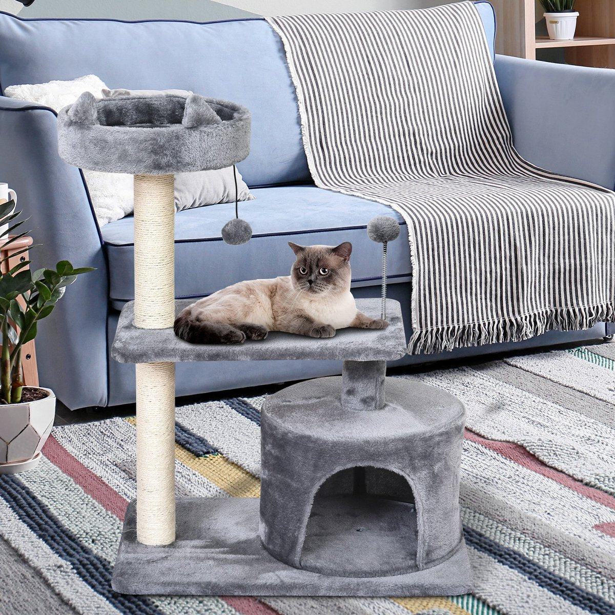 PawHut Kattenboom 3 Verdiepingen Krabpaal Kattengrot Met Sisal Palen Krabplank Pluche D30-258