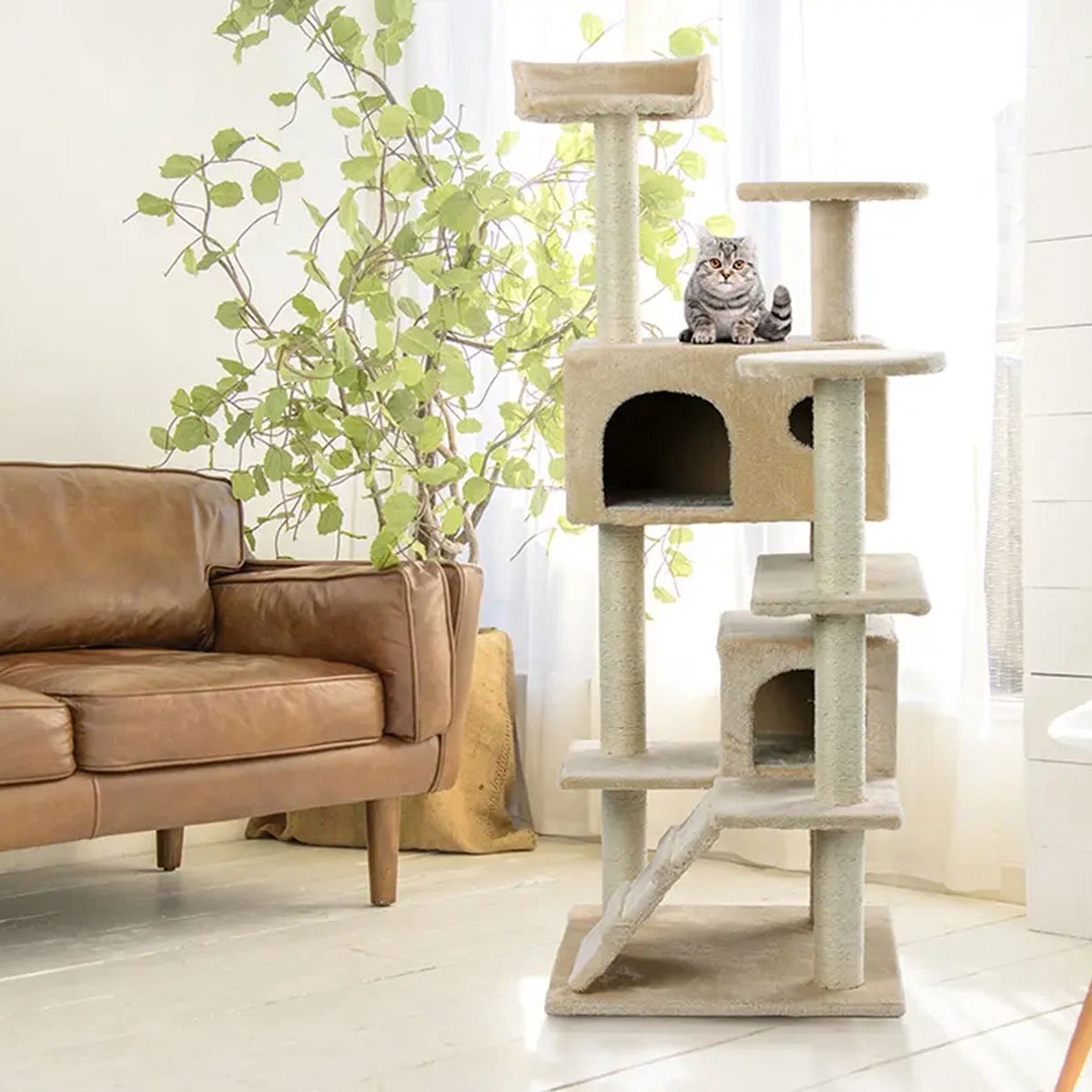 Krabpaal XXL Voor Kat -132 Cm -Beige - Kattenboom Voor Katten - Kattenhuis Van Sisal - XXL Klimpaal Voor Meerdere Katten