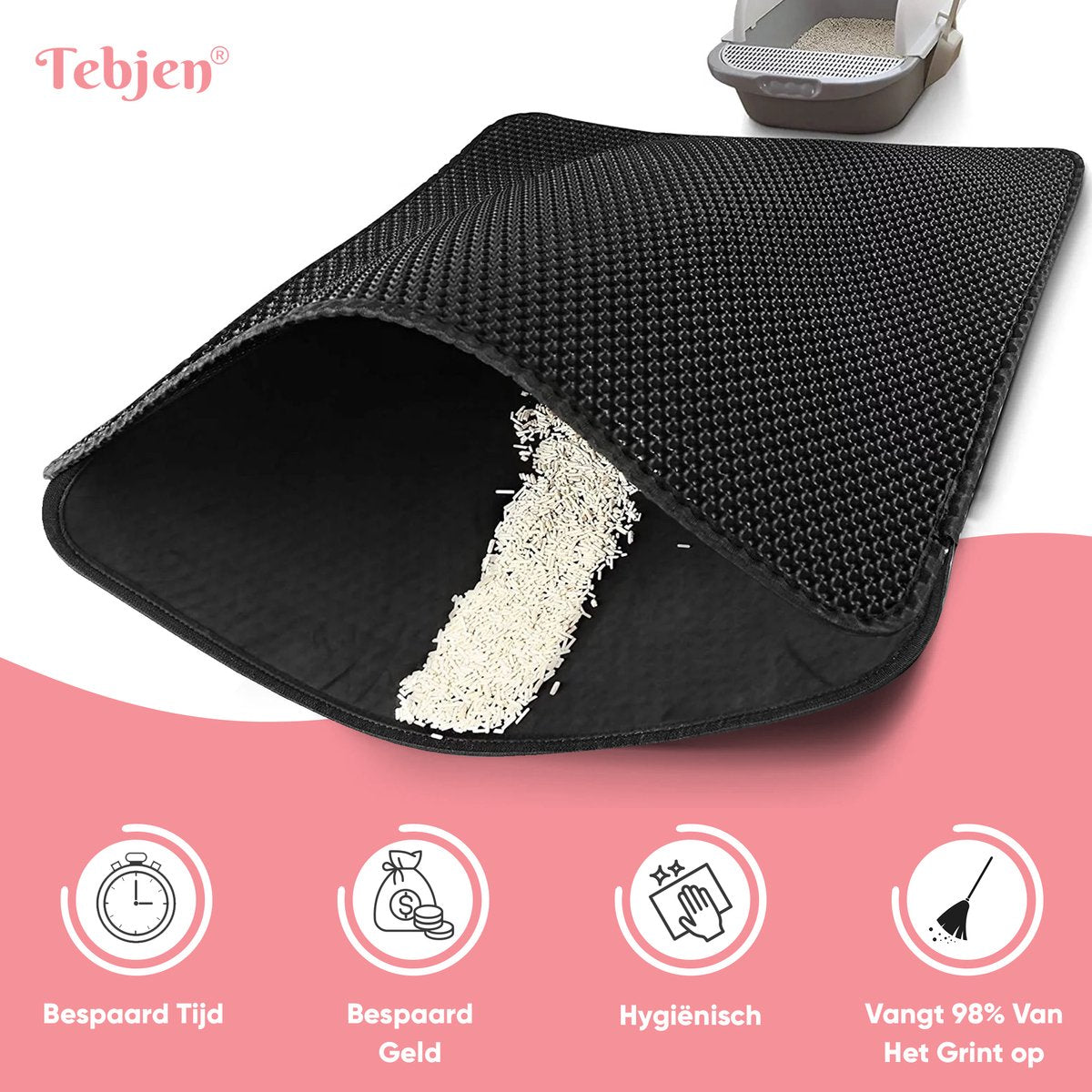  TEBJEN Kattenbakmat – Kattenbak Mat Grit Opvanger - Schoonloop Katten Mat – Dubbele Waterdichte Laag – Uitloopmat Kattenbak – Kattenbak Accessoires - Met Speelgoedmuisje En Schepje - 40x50cm