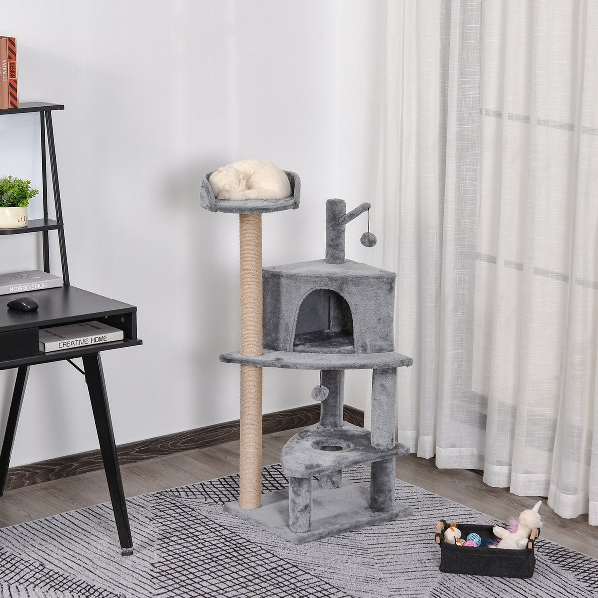  PawHut Krabpaal Met Speelballen Kattenkrabpaal Kattenhuis Jute Paal, Grijs D30-281