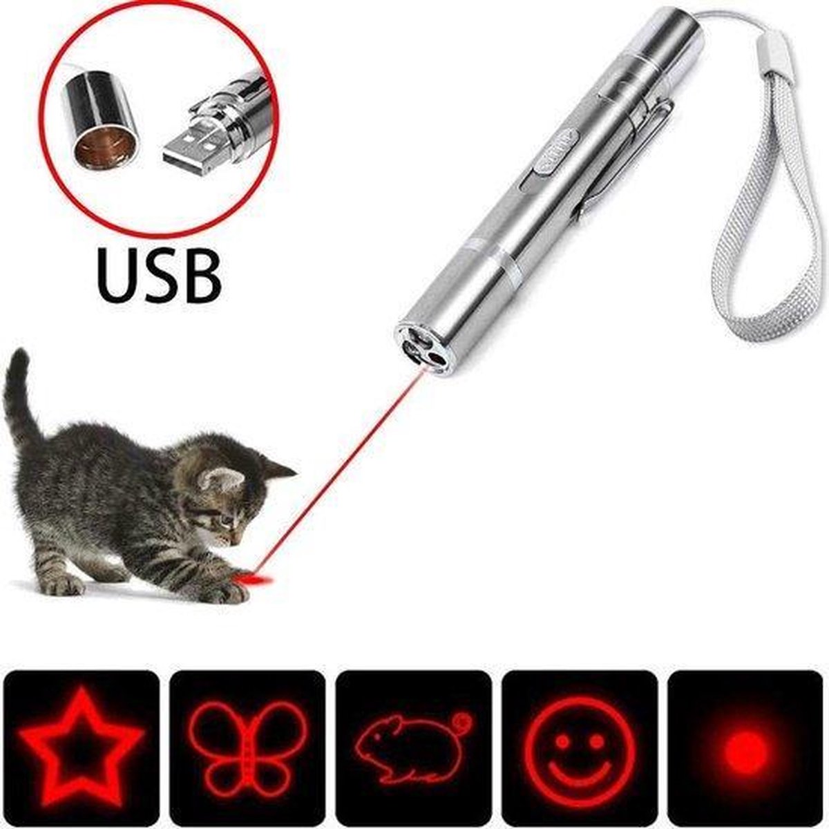  USB Laserpen-7 In 1- Kattenspeelgoed-rode Laser- Fluwelen Opbergzakje- LED- UV Licht- USB Oplaadbaar- Laserlampje- Nieuw Model 2020