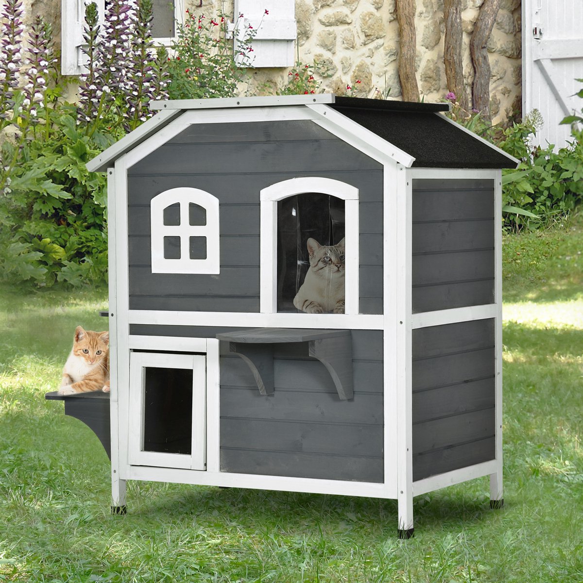  PawHut Kattenhuis Voor Buiten Kattenhut Met 2 Verdiepingen Kattenvilla, Asfaltdak, Massief Hout Grijs D30-236