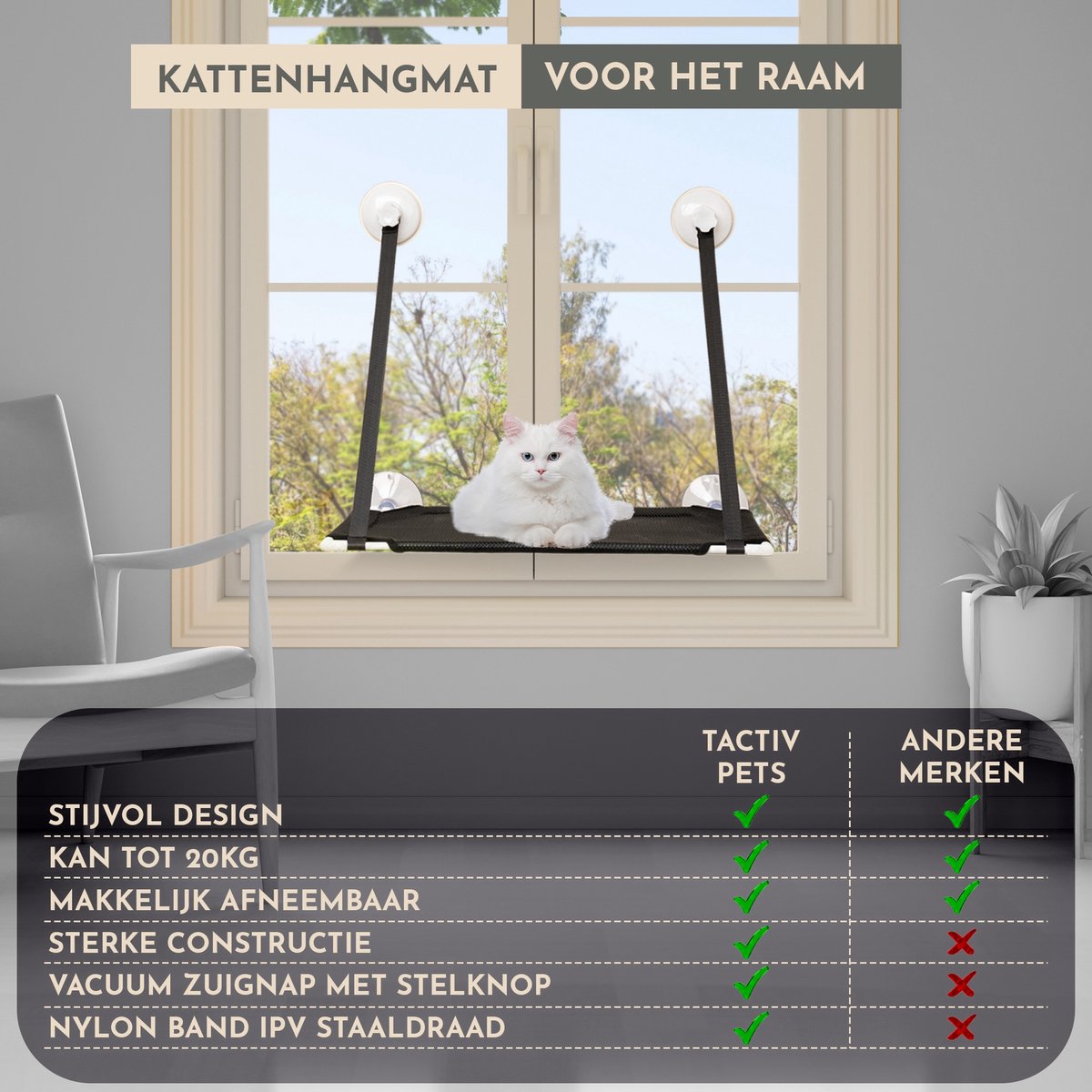  TACTIV PETS® Kattenhangmat | Hangmat Kat | Kattenhangmat Raam | Kattenmand