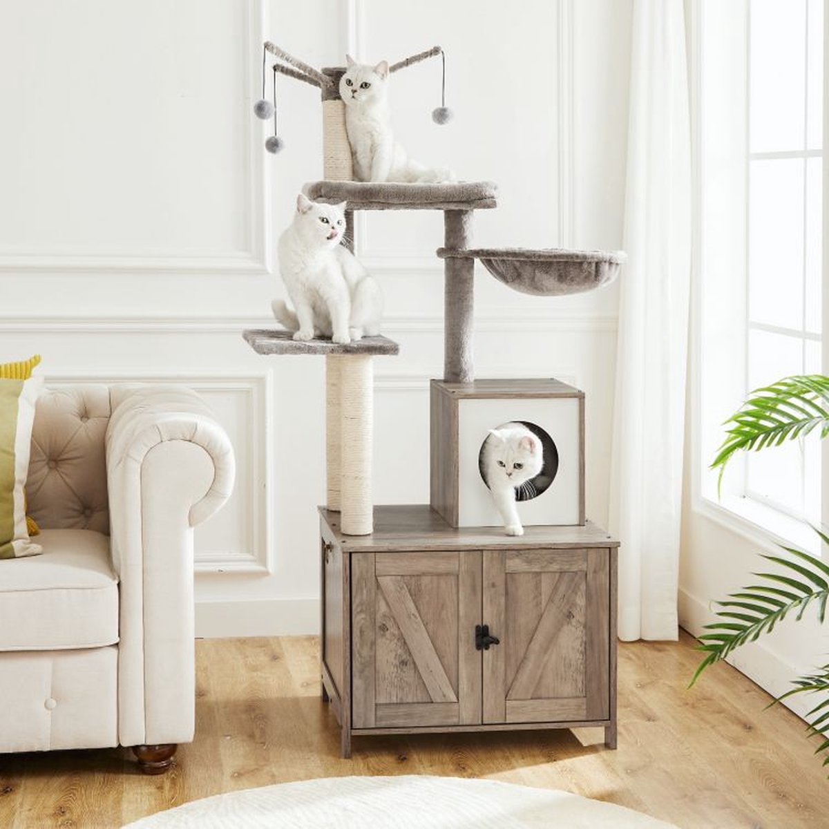  Signature Home Catty Krabpaal Met Kattenbak - Kattenbakkast - Kattenhuis Met Deur En Slot - Krabpalen Met Hangmat Mand Katten Huis - Kattenbakmeubel Verborgen - Alles-in-één Kattenspeelgoed Met Kattenhuis - Grijs - 60cm X 150cm X 48cm