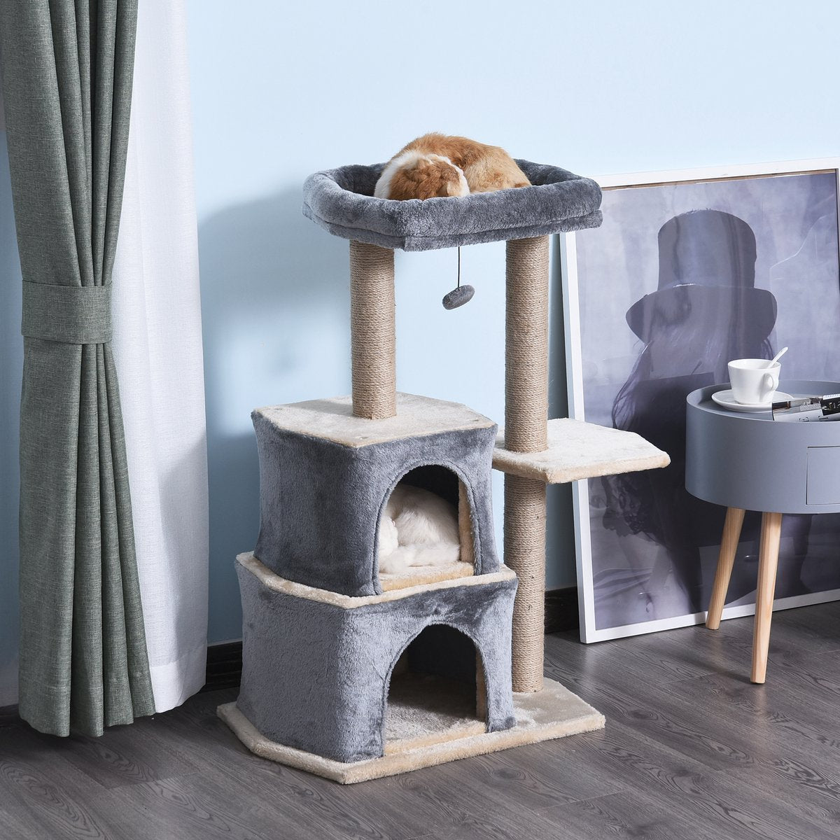  PawHut Krabpaal Kattenboom Met Grot Klimboom Kattenhuis Sisal Paal Sisal Grijs D30-218