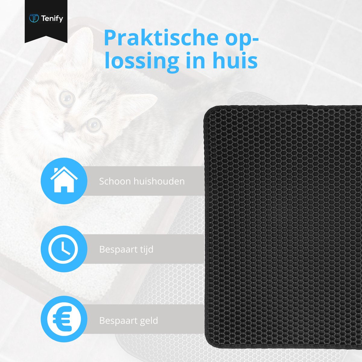  Tenify Kattenbakmat + Extra Kattenbak Schepje - 40 X 50 Cm - Waterdicht - Dubbele Laag - Honingraatstructuur - Uitloopmat - Mat