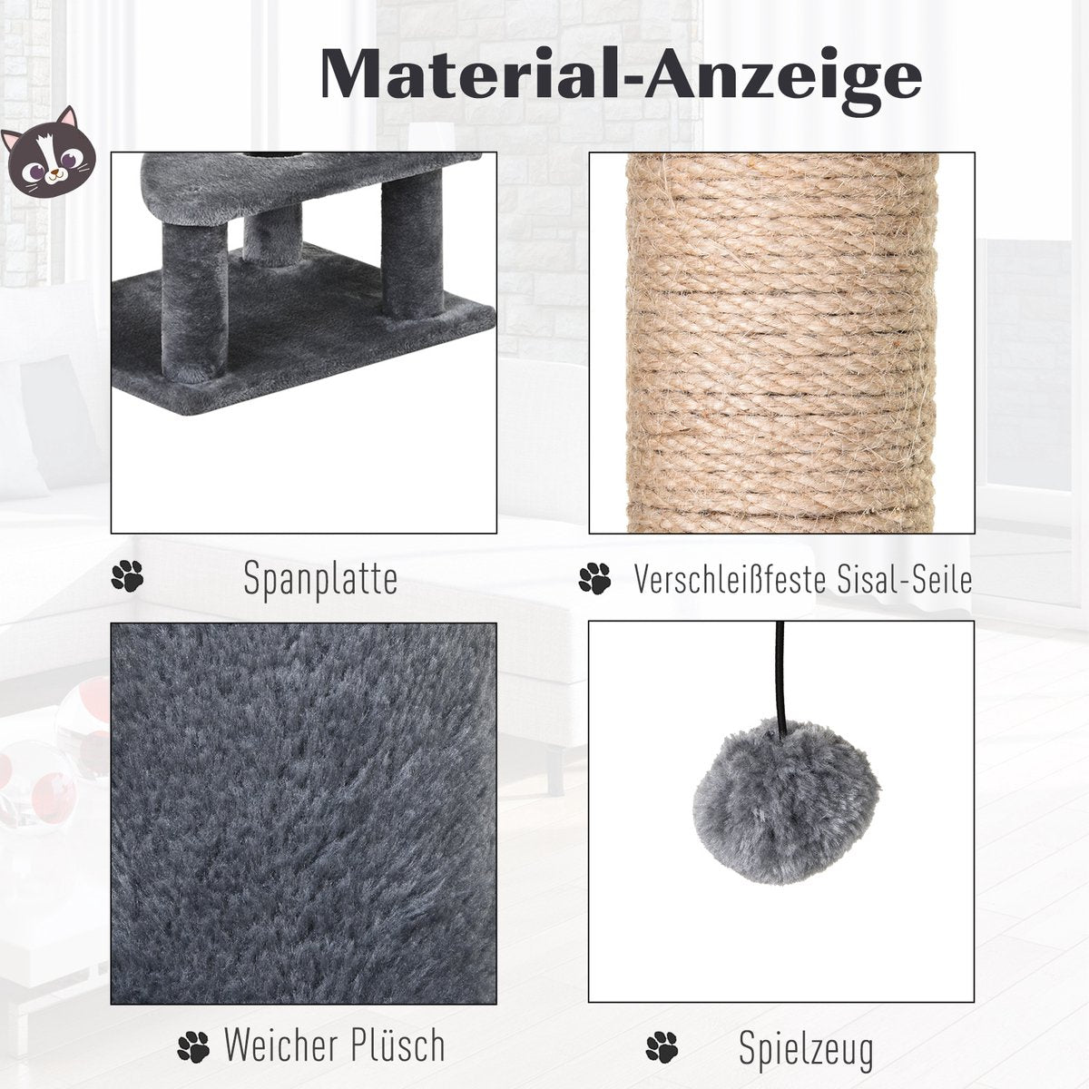  PawHut Krabpaal Met Speelballen Kattenkrabpaal Kattenhuis Jute Paal, Grijs D30-281