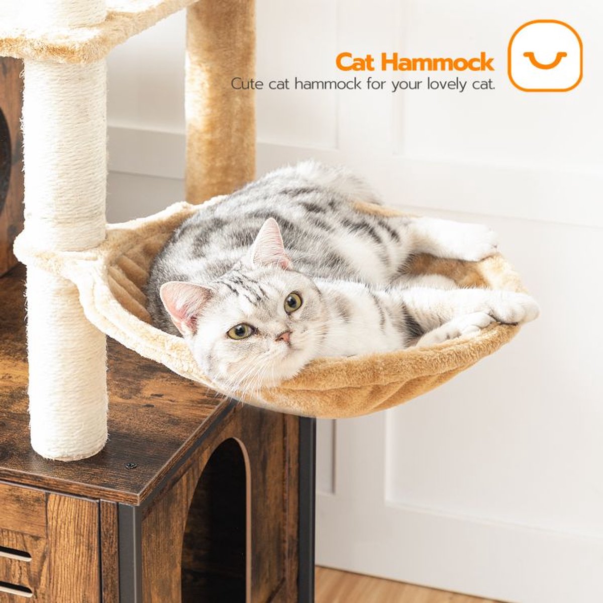  Signature Home Lola Krabpaal Met Kattenbak - Kattenbak Hangmat Mand Katten Huis - Kattenhuis Met Deur En Slot - Krabpalen Katten Huis - Kattenbakmeubel Verborgen - Alles-in-één Kattenspeelgoed Met Kattenhuis - Bruin - 70cm X 132cm X 48cm