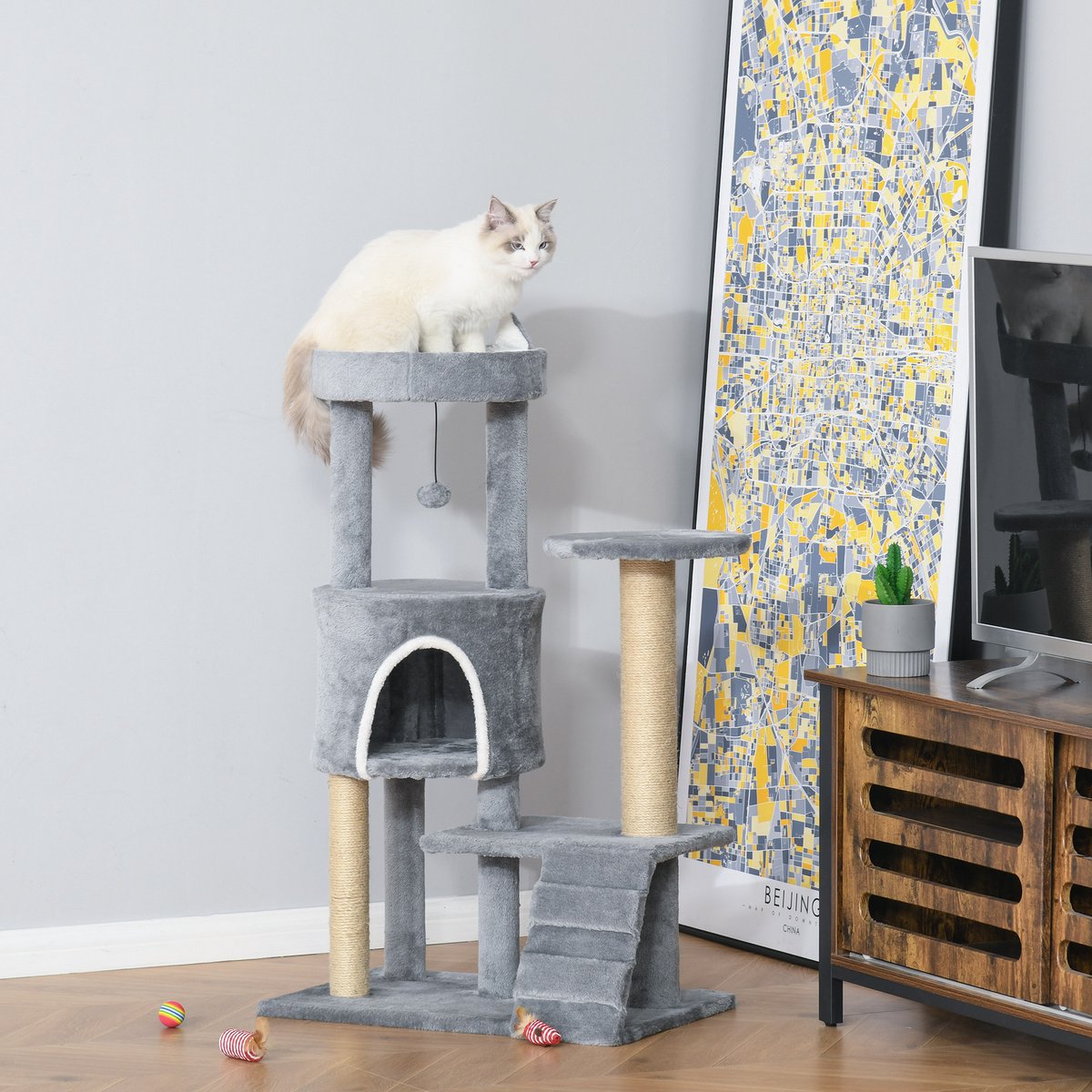  PawHut Krabpaal Kattenboom Met Kattengrot Trap Spaanplaat Jute Grijs D30-360