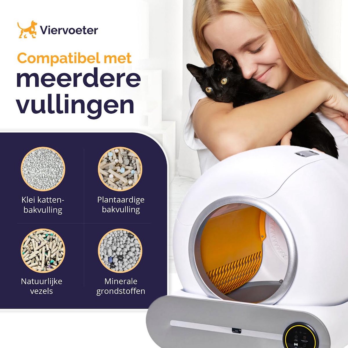  Viervoeter™ Kattenbak Zelfreinigend – Automatische Kattenbak – Zelfreinigende Kattenbak – Anti-geur – 53x58x55cm – Bedienen Via App – 65 Liter