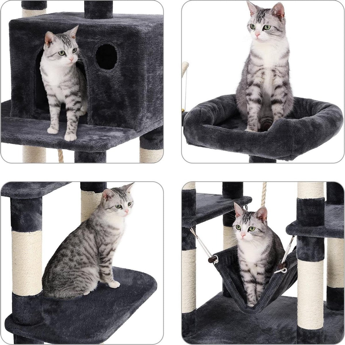  XXL Luxe Katten Krappaal Met Hangmat &amp; Katten Huisjes - Activity Center - Grote Krappaal Klimpaal Met Speelset - Krabmeubel 154 CM Hoog - Grijs