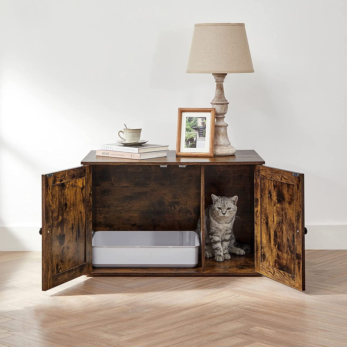  Meubelexpert Kattenhuis Voor Kattenbak - Met Deuren - Vintage - Bruinzwart - PCL002X02