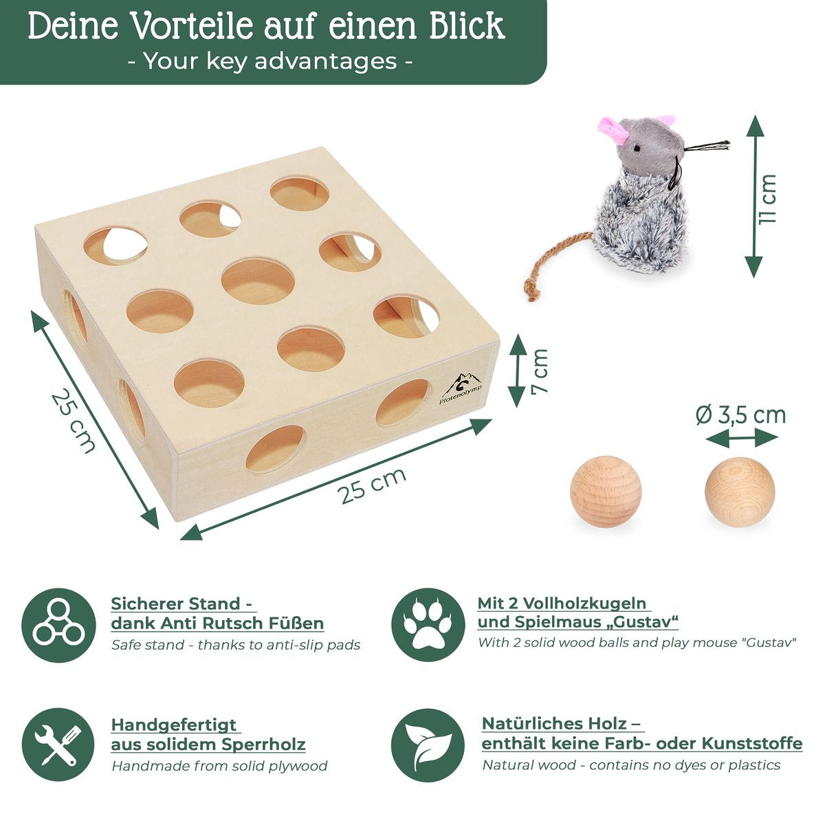 Pfotenolymp® Interactief Kattenspeelgoed / Speeldoos Met Speelballen &amp; Speelmuis - Houten Speelgoed Voor Katten - Mollenspel / Vangspel / Jachtspel
