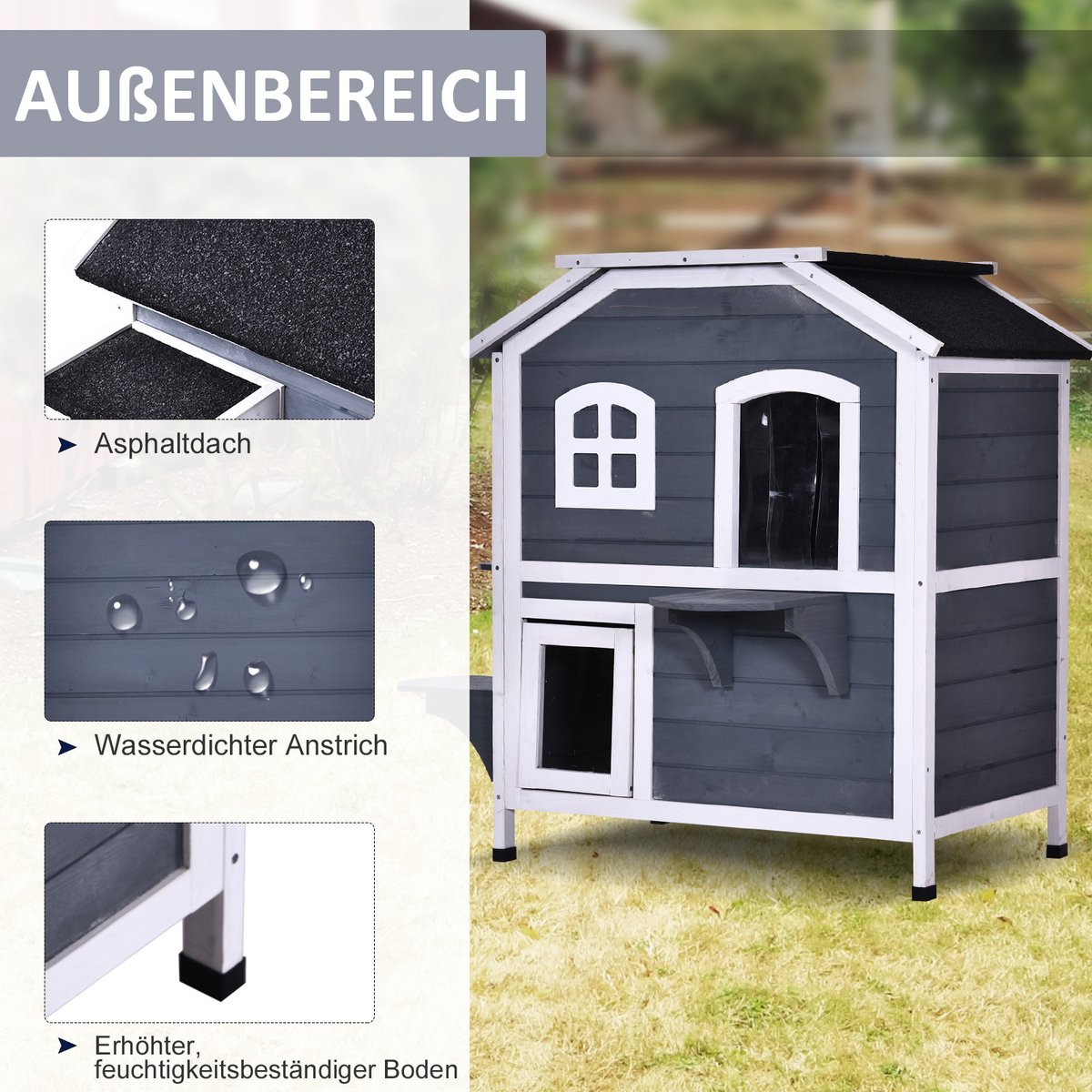  PawHut Kattenhuis Voor Buiten Kattenhut Met 2 Verdiepingen Kattenvilla, Asfaltdak, Massief Hout Grijs D30-236