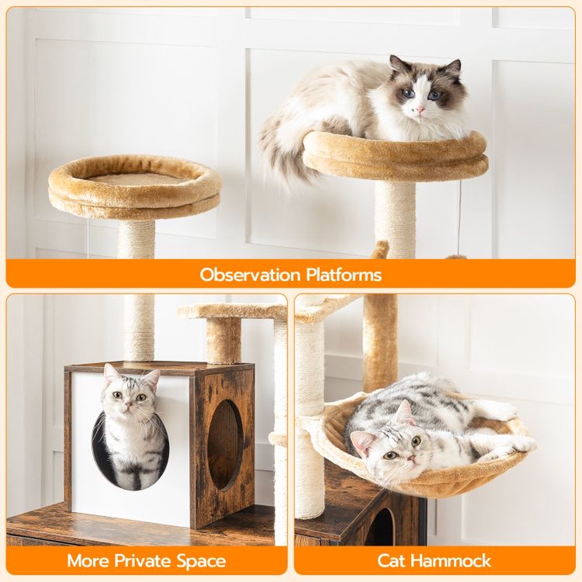  Signature Home Lola Krabpaal Met Kattenbak - Kattenbak Hangmat Mand Katten Huis - Kattenhuis Met Deur En Slot - Krabpalen Katten Huis - Kattenbakmeubel Verborgen - Alles-in-één Kattenspeelgoed Met Kattenhuis - Bruin - 70cm X 132cm X 48cm