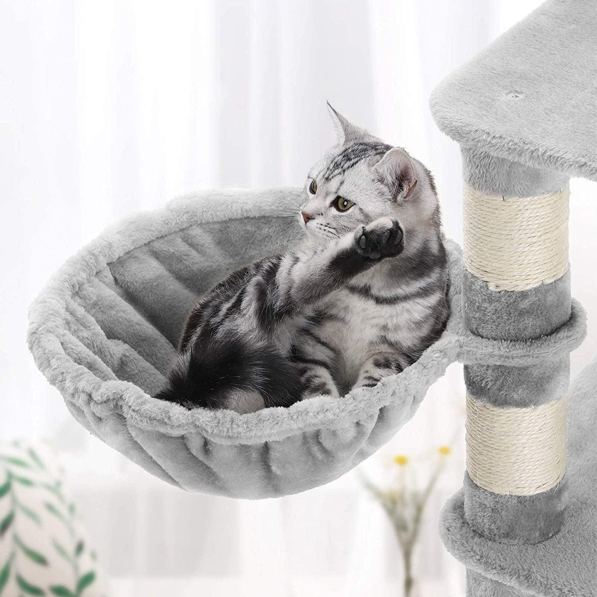 Merkloos XXL Luxe Katten Krappaal Met Hangmat Hangende Mand &amp; Katten Huisje - Activity Center - Grote Krappaal Klimpaal Met Speelset - Krabmeubel 164 CM Hoog - Sisal/Pluche - Grijs