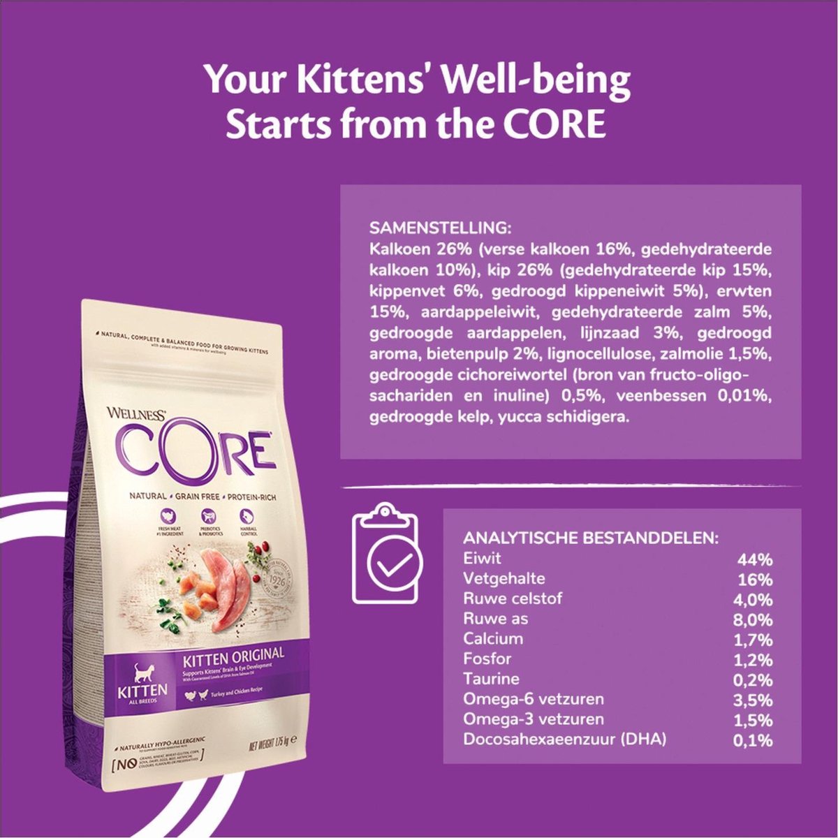  Wellness Core Grain Free Kitten - Kalkoen &amp; Kip - Kattenvoer - 1.75 Kg