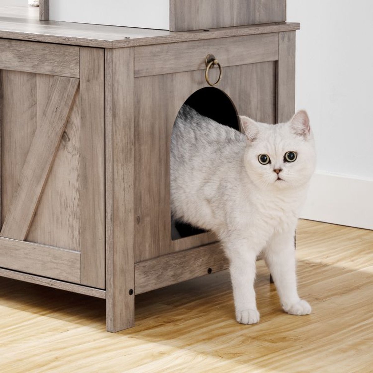  Signature Home Catty Krabpaal Met Kattenbak - Kattenbakkast - Kattenhuis Met Deur En Slot - Krabpalen Met Hangmat Mand Katten Huis - Kattenbakmeubel Verborgen - Alles-in-één Kattenspeelgoed Met Kattenhuis - Grijs - 60cm X 150cm X 48cm