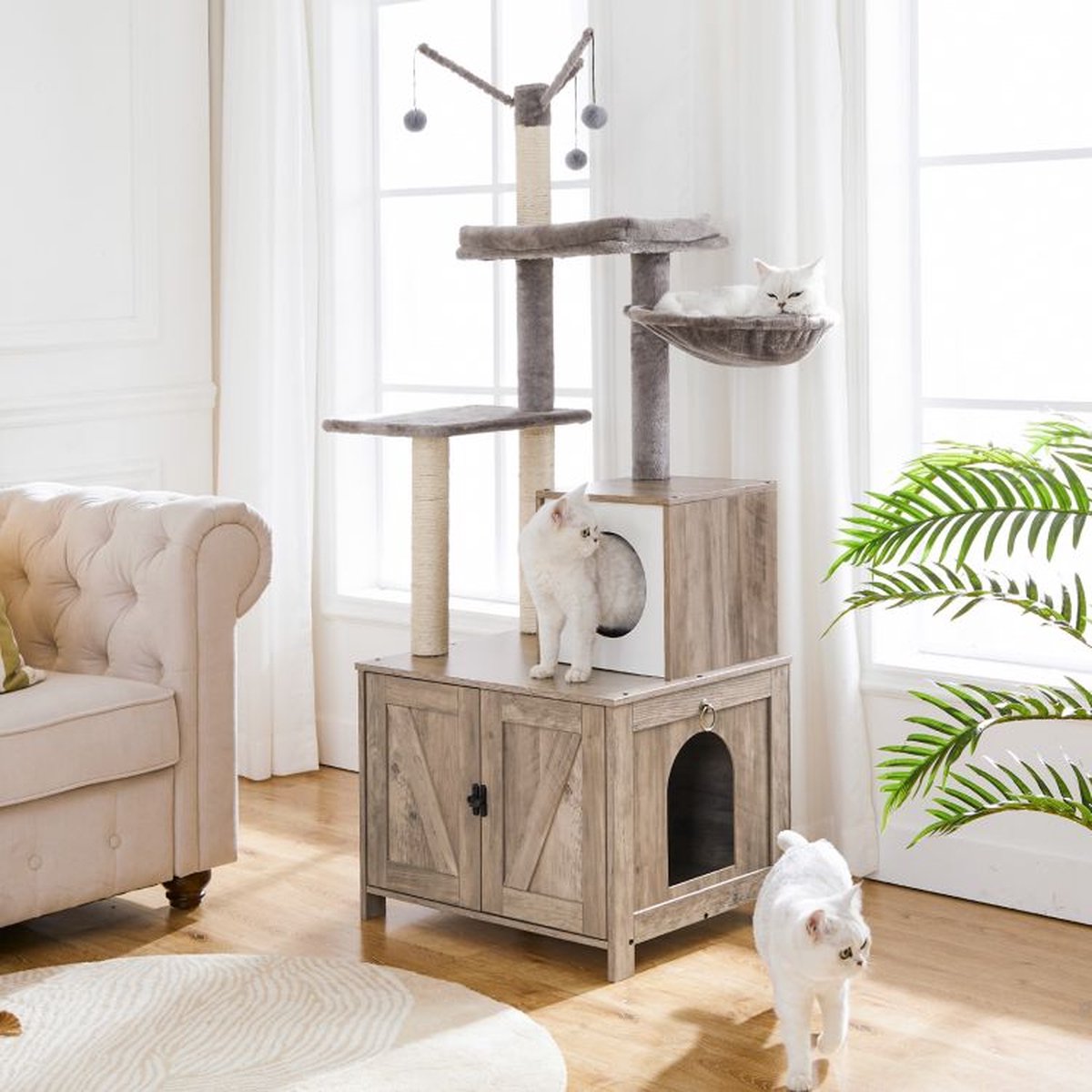  Signature Home Catty Krabpaal Met Kattenbak - Kattenbakkast - Kattenhuis Met Deur En Slot - Krabpalen Met Hangmat Mand Katten Huis - Kattenbakmeubel Verborgen - Alles-in-één Kattenspeelgoed Met Kattenhuis - Grijs - 60cm X 150cm X 48cm