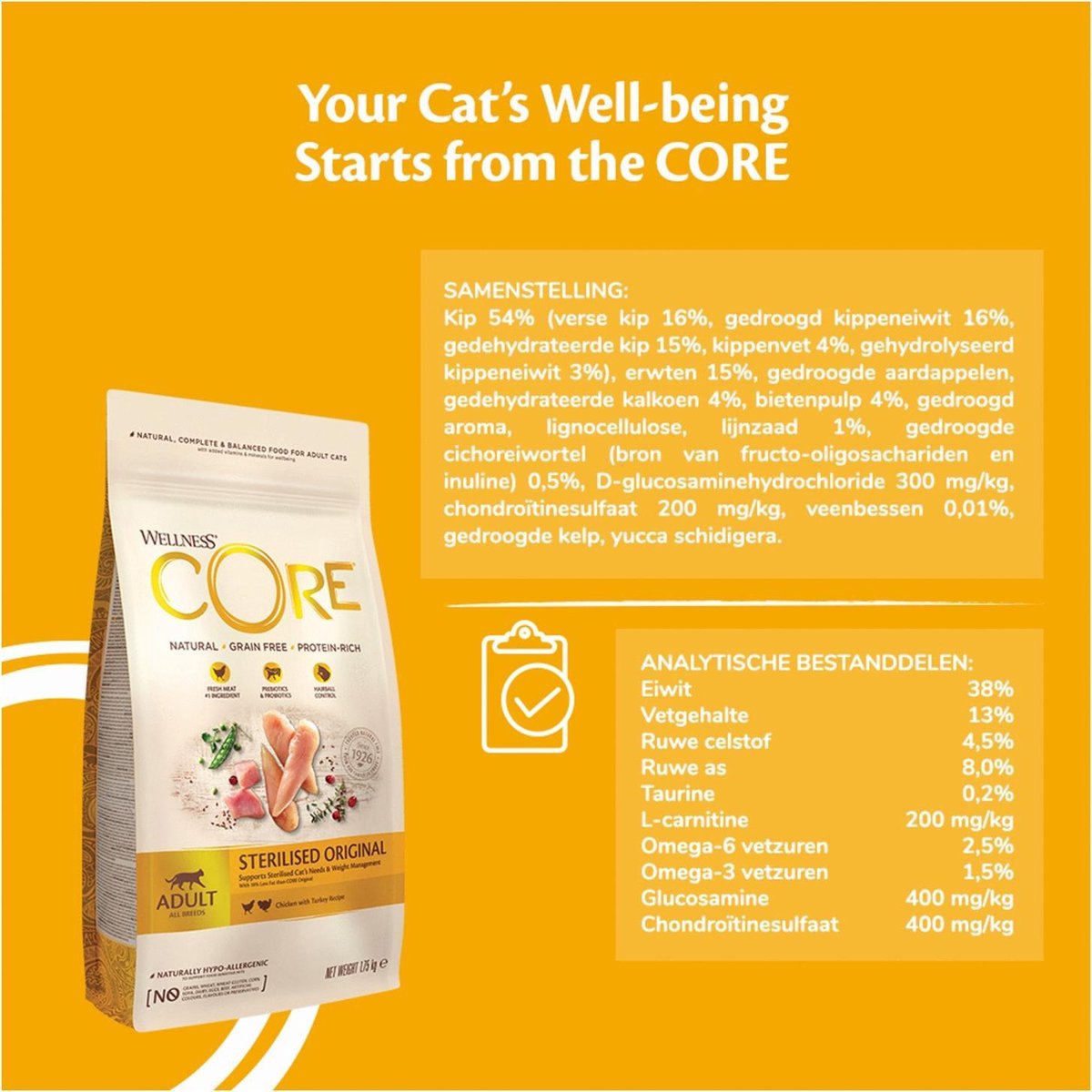  Wellness Core Grain Free Cat Sterilised Kip &amp; Kalkoen - Kattenvoer - 1.75 Kg