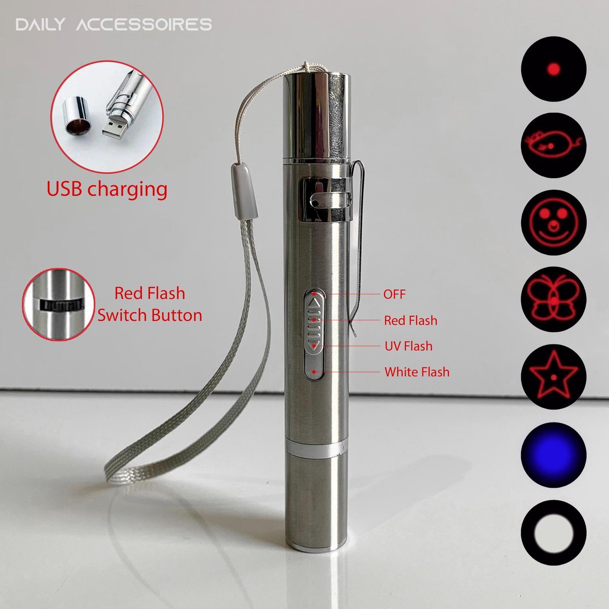 Merkloos Laserpen - Daily Accessoires - USB Oplaadbaar - Kattenspeeltjes - Laserlampje - 7 Verschillende Standen - RVS Zilver - Zaklamp - UV Lamp – Kattenspeelgoed