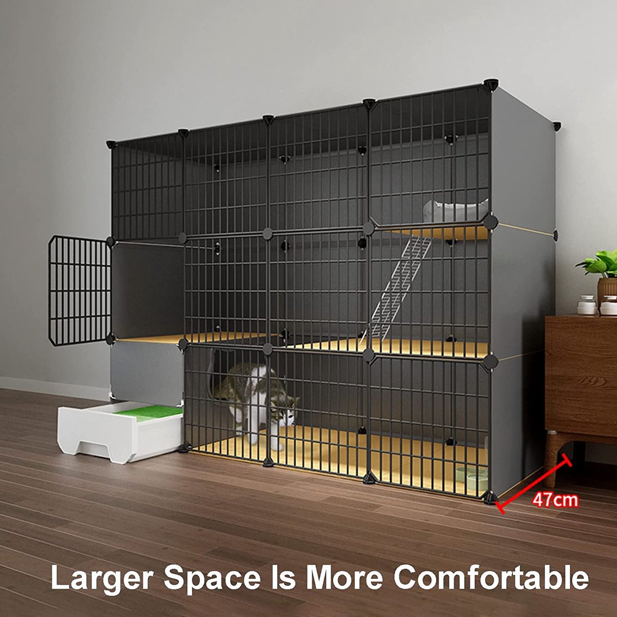 Merkloos XXL Premium Kattenkooi Met Kattenbak 2-laags Kattenkooien Voor Binnen - Grote Opvouwbare Kattenren - Kattenbench Kat Bench - Zwart Dierenverblijf