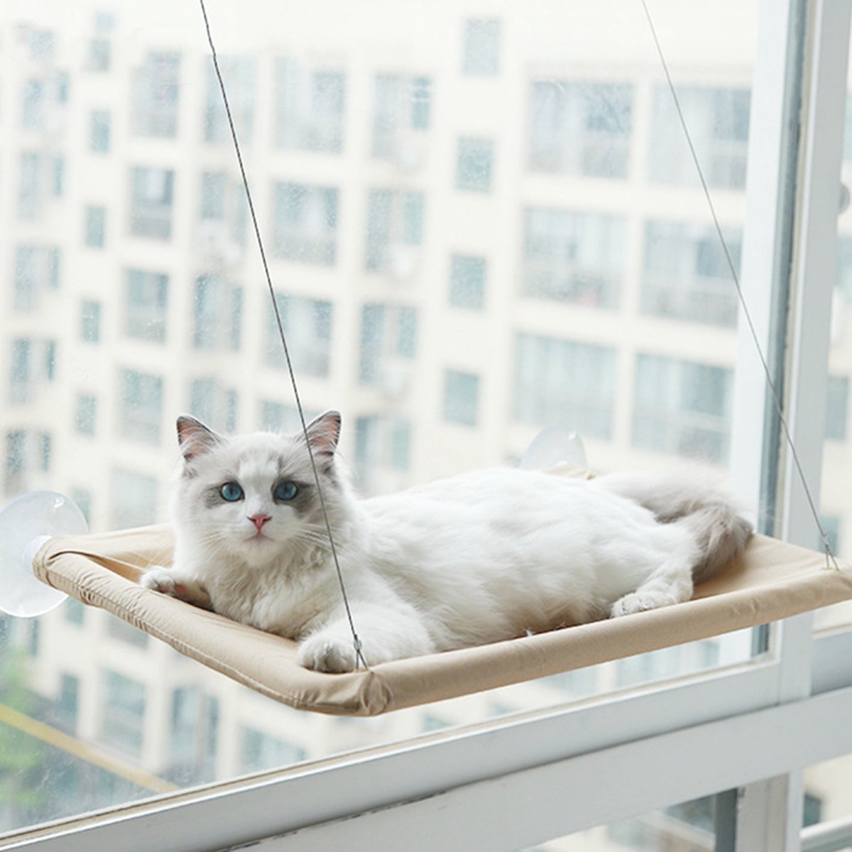 Merkloos Kattenhangmat Voor Raam - Hangmat Kat - Kattenmat - Kattenmand Raam - Kattenmand - Kattenspeeltjes - Beige - Voor Grote &amp; Kleine Katten - Tot 20 KG