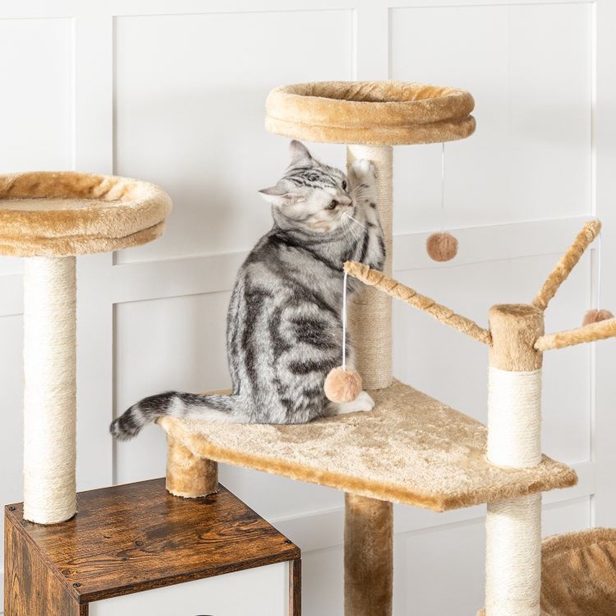  Signature Home Lola Krabpaal Met Kattenbak - Kattenbak Hangmat Mand Katten Huis - Kattenhuis Met Deur En Slot - Krabpalen Katten Huis - Kattenbakmeubel Verborgen - Alles-in-één Kattenspeelgoed Met Kattenhuis - Bruin - 70cm X 132cm X 48cm