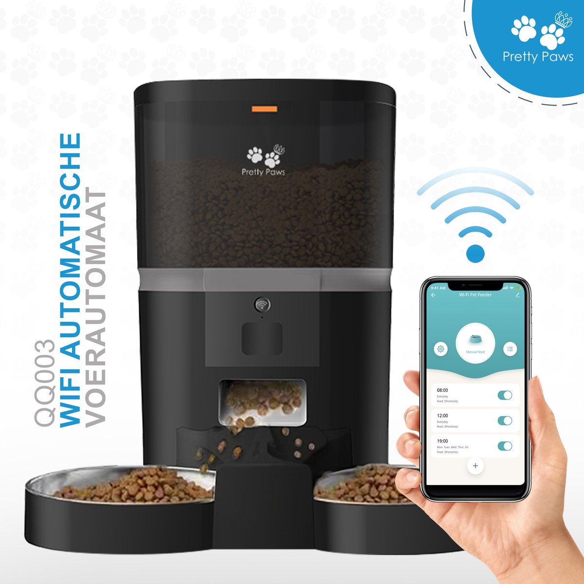  Pretty Paws QQ003 - Wifi Voermachine - Dubbele Voerbakjes - Zwart - Kat - 6L