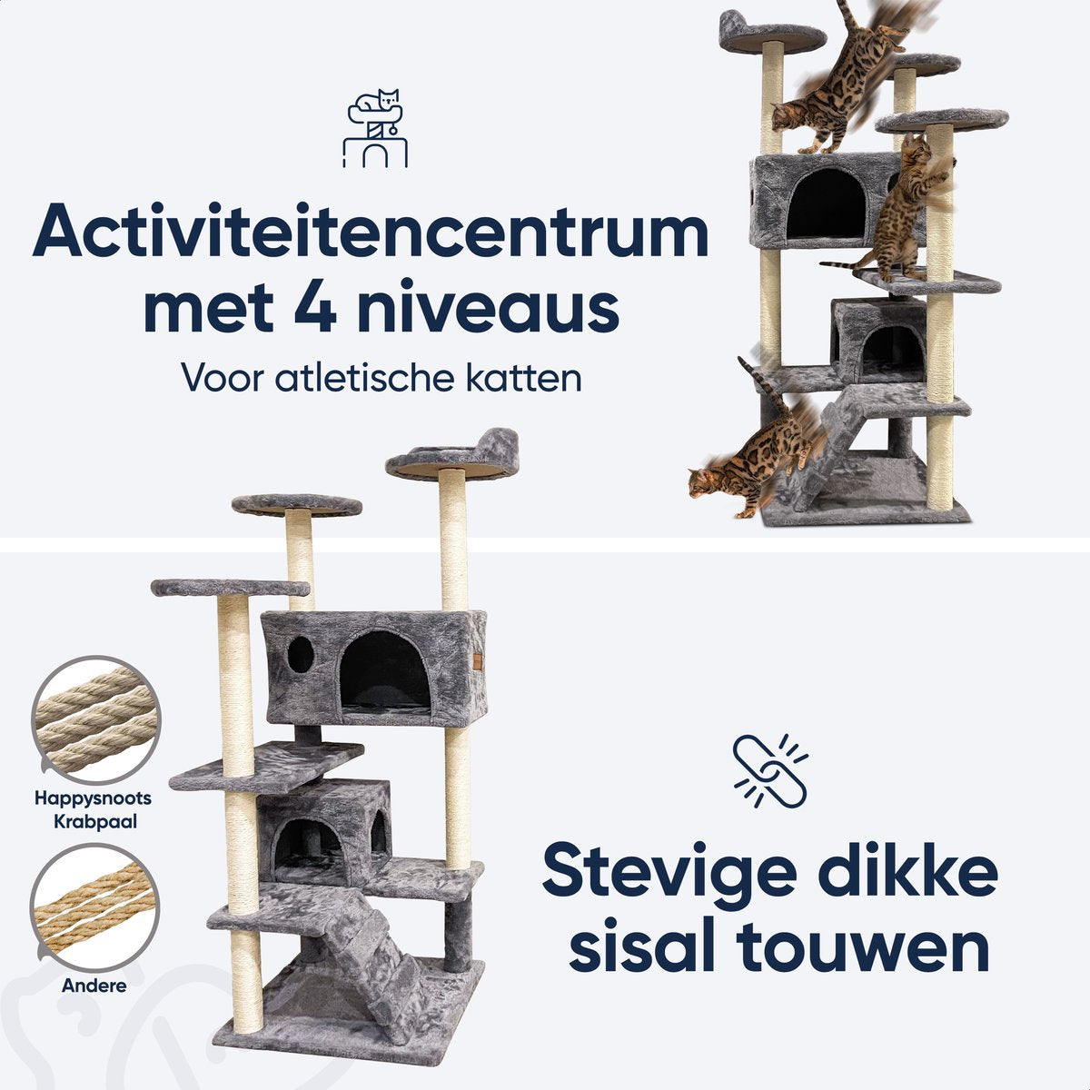  Happysnoots Krabpaal Voor Katten - 50x50x130cm - Kattenboom Voor Grote Katten - Cat Tower