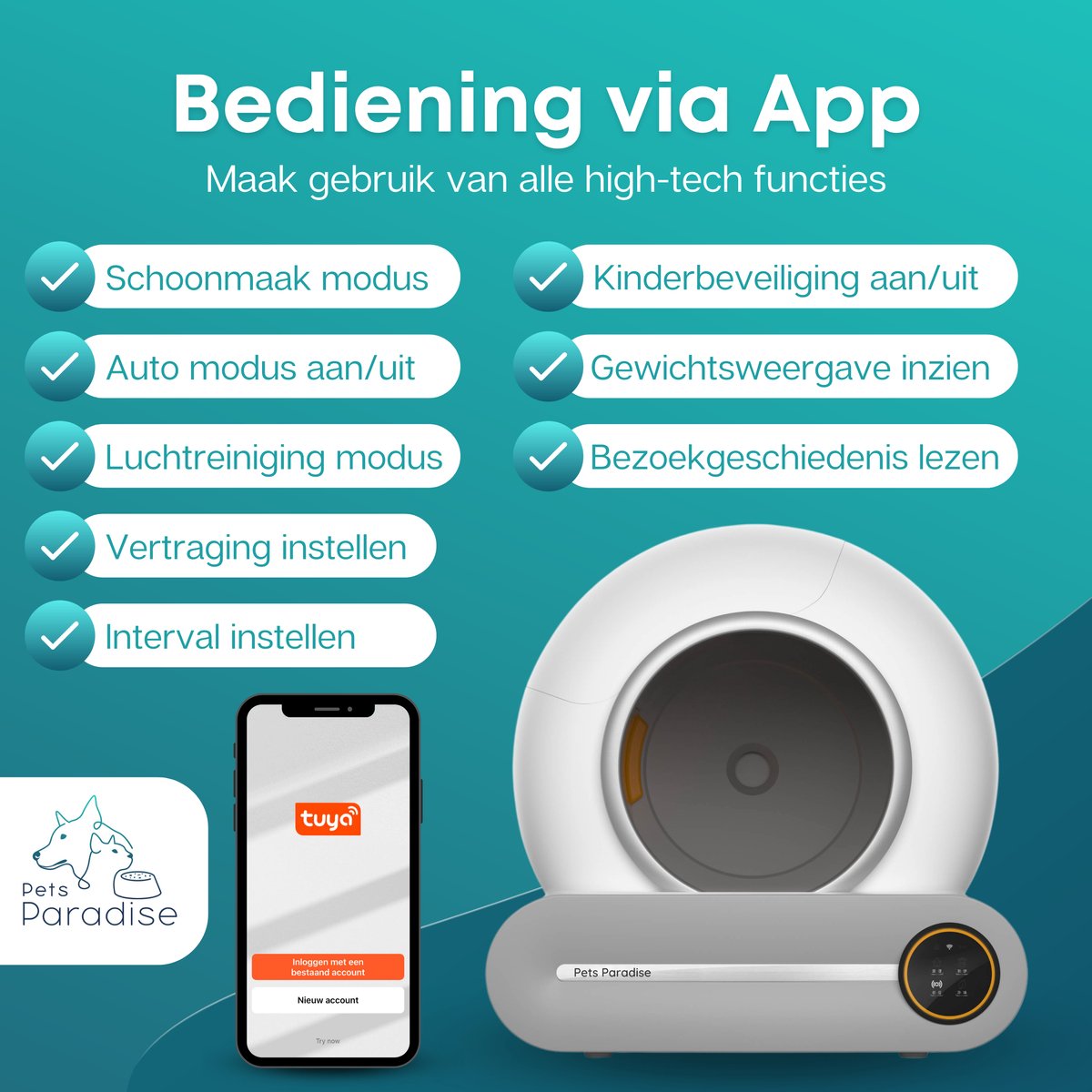  Pets Paradise - Zelfreinigende Kattenbak - Automatische - Elektrische - Scoopfree - Robot Kattenbak - 35dB
